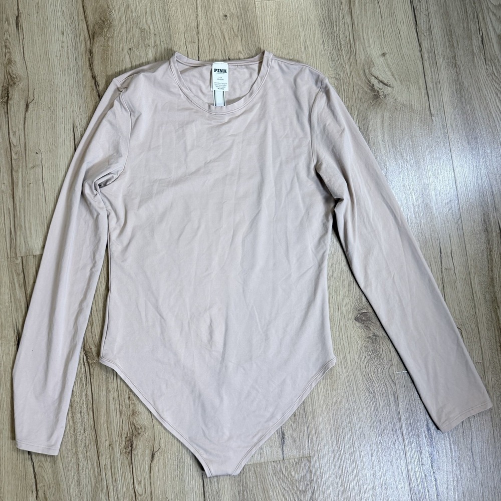 Victoria's Secret PINK Base Long Sleeve Stretch Snap Bodysuit Beige L NWT